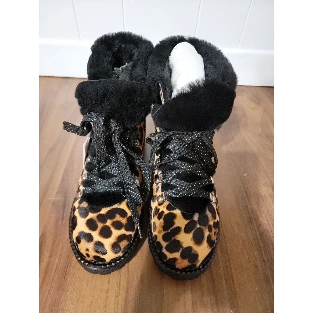 J. Crew Nordic Boots Womens 8 Leopard NEW Haircalf Sheep Fur Lining Lug Sole